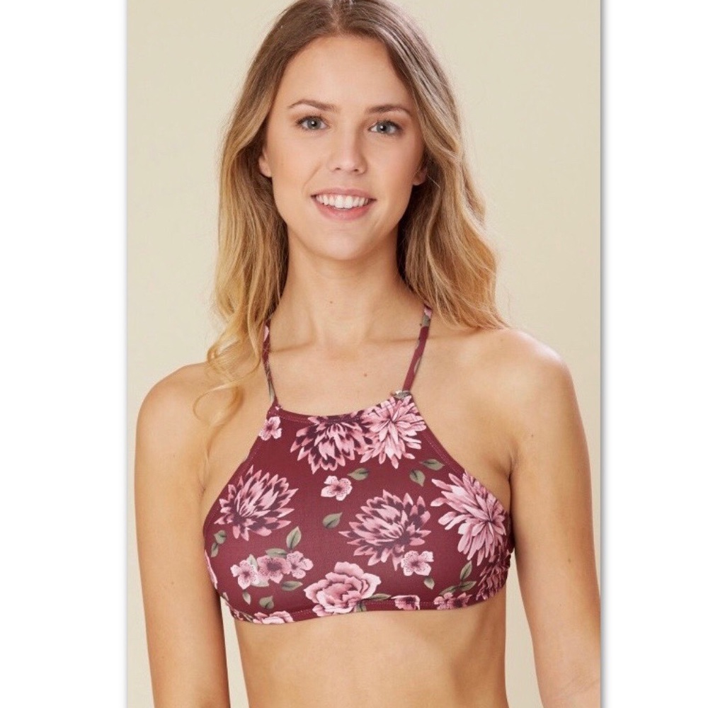 MAROON FLORAL  HI NECK BIKINI TOP